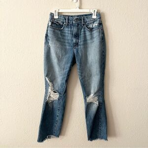 Good American High Waist Side Step Ankle Fray Blue Denim Distressed Jeans 4/27